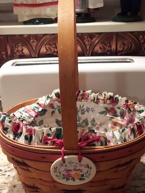 Longaberger Hand-Woven Floral Lined Easter Basket W/Liner, Protector, & Tie-On